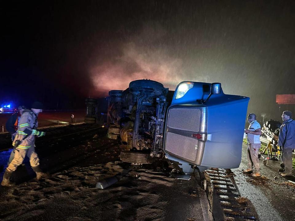 An 18-wheeler overturned on Interstate 77 southbound in northern Iredell County on Saturday, March 2, 2024, emergency officials said.