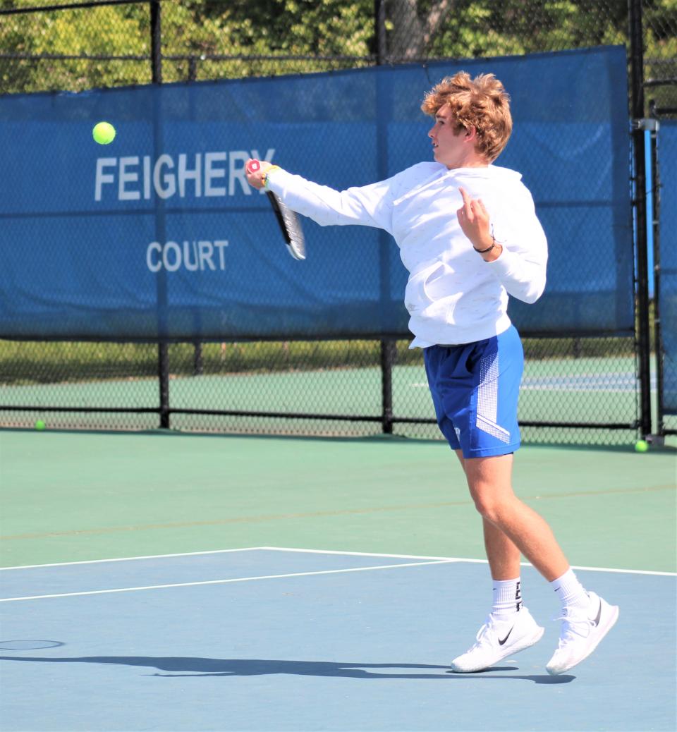 Covington Catholic freshman Brady Hussey during the opening rounds of the KHSAA 9th Region boys tennis tournament May 16, 2021, at Covington Catholic High School.