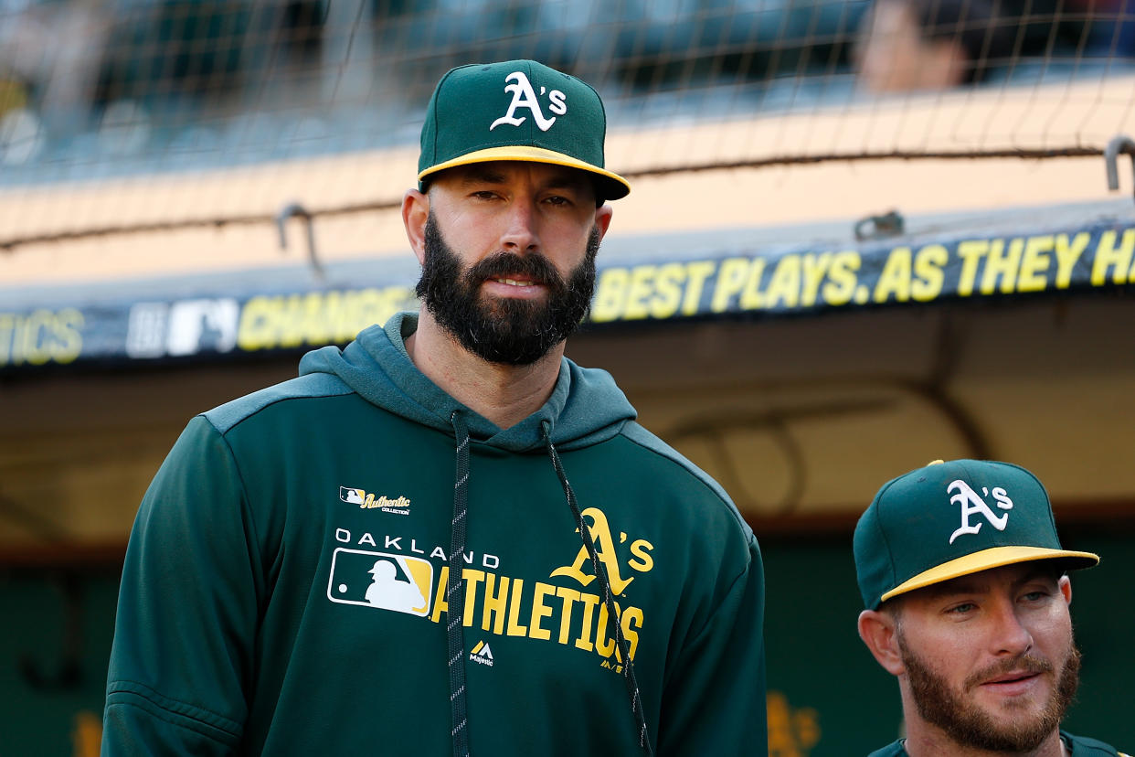 OAKLAND, CALIFORNIA - SEPTEMBER 06: Mike Fiers #50 of the Oakland Athletics looks on before the game against the Detroit Tigers at Ring Central Coliseum on September 06, 2019 in Oakland, California. This game is a continuation of one that was previously suspended at Comerica Park on May 19, 2019 in Detroit, Michigan. (Photo by Lachlan Cunningham/Getty Images)