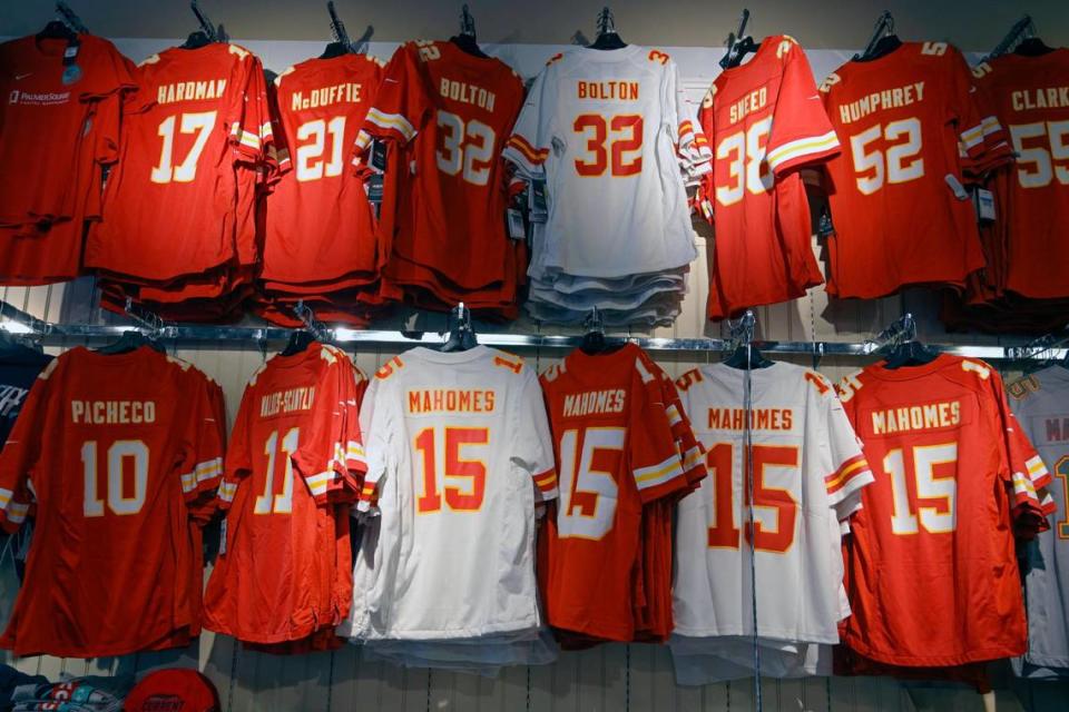 Chiefs jerseys lined the wall on Tuesday, Jan. 24, 2023, at Rally House Legends, 1867 Village West Pkwy., in Kansas City, Kansas. The store is geared up for Chiefs fans shopping this week ahead of the AFC Championship game on Sunday at Arrowhead. If the Chiefs win the AFC Championship, the store plans to open af the conclusion of the game to sell championship shirts and gear.