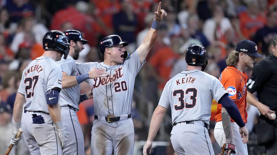 (From L to R) Trey Sweeney, Matt Vierling, Spencer Torkelson and Colt Keith celebrate in the eighth. - Kevin M. Cox/AP