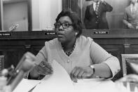 <p>1975 – BARBARA JORDAN – GOVERNMENT – First African-American woman, along with Addie L. Wyatt to be named as ‘Time Magazine’s’, ‘Person of the Year’. —American congresswoman Barbara Jordan (1936 – 1996) from Texas, on the House Judiciary Committee during a hearing on the impeachment of President Richard Nixon, Washingon D.C., July 1974. (Keystone/Hulton Archive/Getty Images) </p>