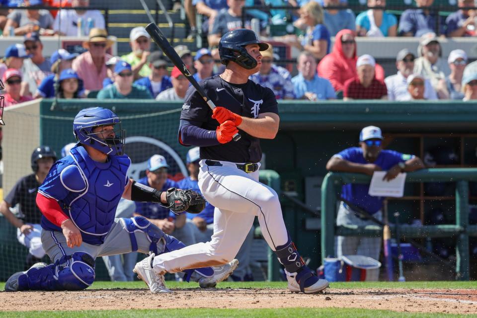 Detroit Tigers second baseman Colt Keith bats during the third inning against the Toronto Blue Jays at Publix Field at Joker Marchant Stadium on Thursday, Feb. 27, 2024 in Lakeland, Florida.