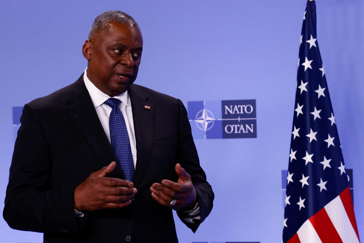 U.S. Defense Secretary Lloyd Austin delivers short remarks during a NATO defence ministers meeting at the Alliance's headquarters, in Brussels, Belgium October 13, 2022. (Yves Herman/Reuters)