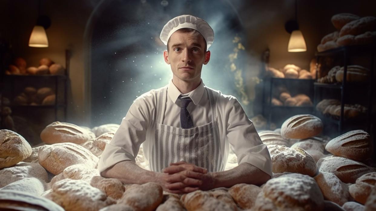  AI in art and design - CG image of a male British baker surrounded by flour 