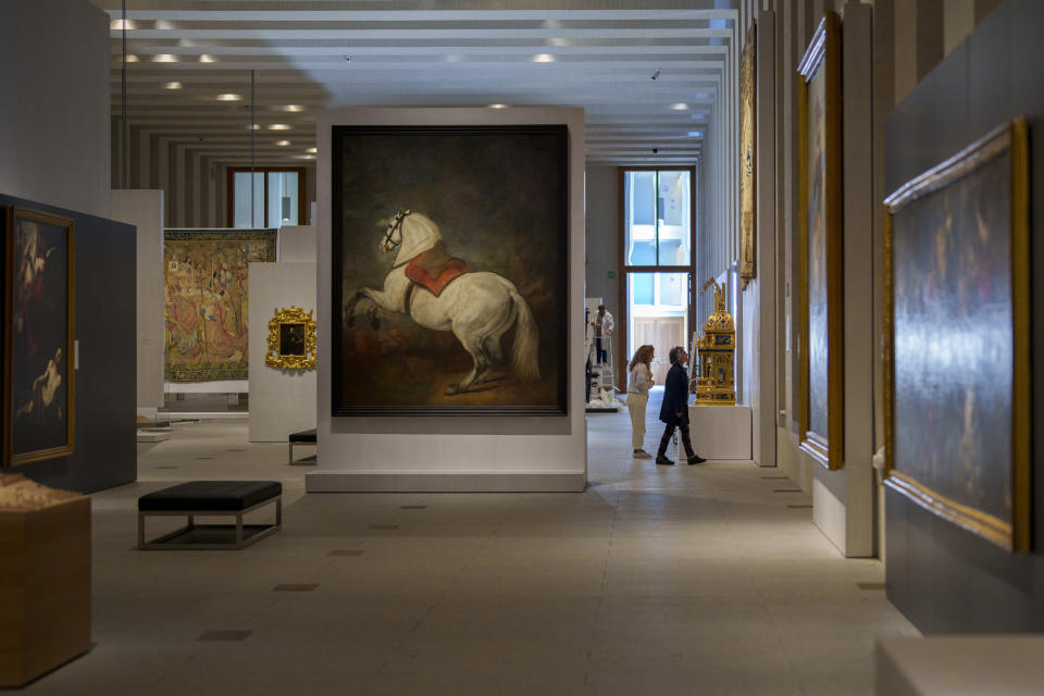 A view of the museum with the painting of "White Horse", created by artist Diego Velazquez, displayed at the Royal Collections Gallery in Madrid, Spain, Friday, May. 19, 2023. Spain is set to unveil what is touted as one of Europe’s cultural highlights of the year with the opening in Madrid of The Royal Collections Gallery next month. (AP Photo/Manu Fernandez)