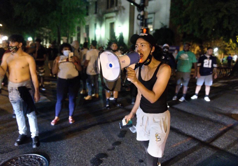 Black Lives Matter protesters block West Chestnut Street at North Prince Street near the Lancaster city police station on Sunday, Sept. 13, 2020. A man was shot by police earlier in the day after a reported domestic dispute, police said. A Lancaster city police officer fired at a 27-year-old man who was armed with a knife. The man, identified as Ricardo Munoz, was killed and pronounced dead at the scene, Blaine Shahan, LNP/LancasterOnline via AP)