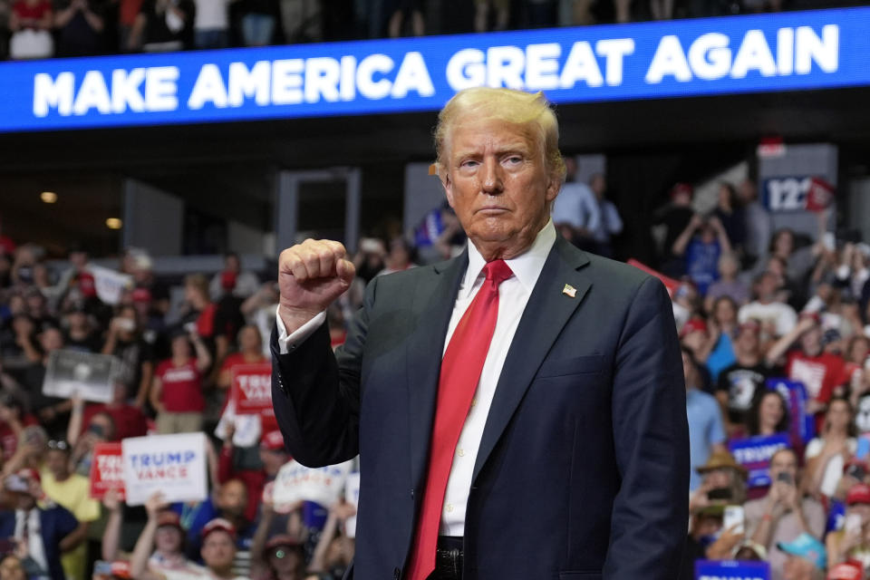 Republican presidential candidate former President Donald Trump reacts after speaking at a campaign rally, Saturday, July 20, 2024, in Grand Rapids, Mich. (AP Photo/Evan Vucci)