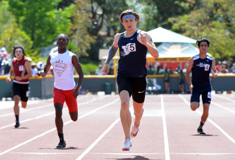 Liam Gair of Villanova Prep wins the Division 4 boys 400-meter race during the CIF-Southern Section Track and Field Championships at Moorpark High on Saturday, May 14, 2022. Gair won with a time of 48.27 seconds.