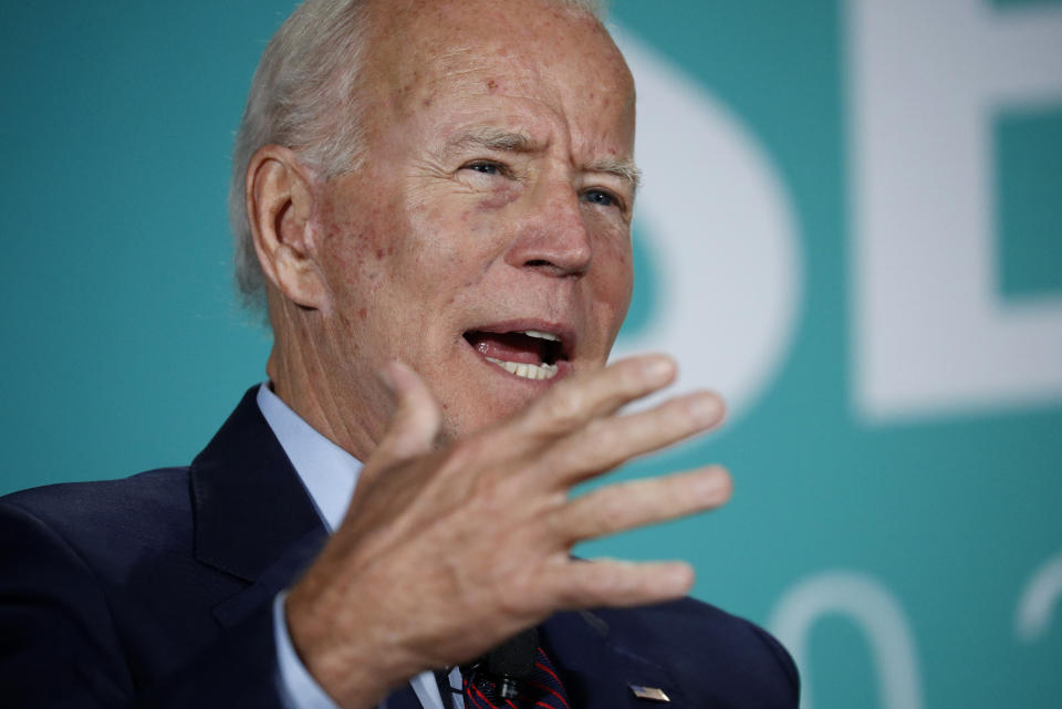 FILE - In this Aug. 3, 2019 file photo, former Vice President and Democratic presidential candidate Joe Biden speaks during a public employees union candidate forum in Las Vegas. (AP Photo/John Locher)