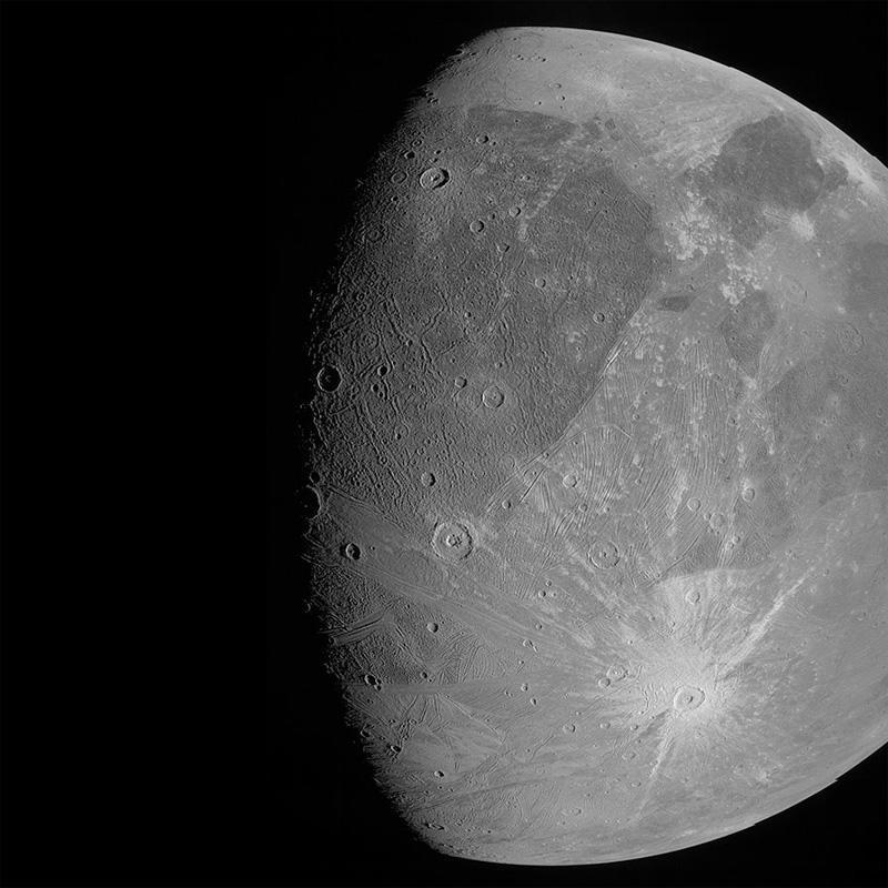 NASA's Juno spacecraft captured high-resolution views of Jupiter's moon Ganymede during a flyby Monday at an altitude of about 645 miles. The flyby was the first close-up look at the big moon since NASA's Galileo orbiter flew past for the last time in 2000. / Credit: NASA/JPL-Caltech/SwRI/MSSS