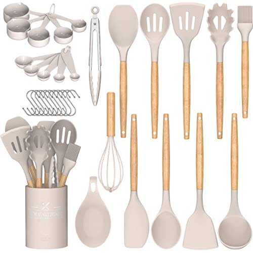 Umite Chef Kitchen Cooking Utensils Set, 33 pcs Non-Stick Silicone Cooking Kitchen Utensils Spatula Set with Holder, Wooden Handle Silicone Kitchen Gadgets Utensil Set (Khaki)