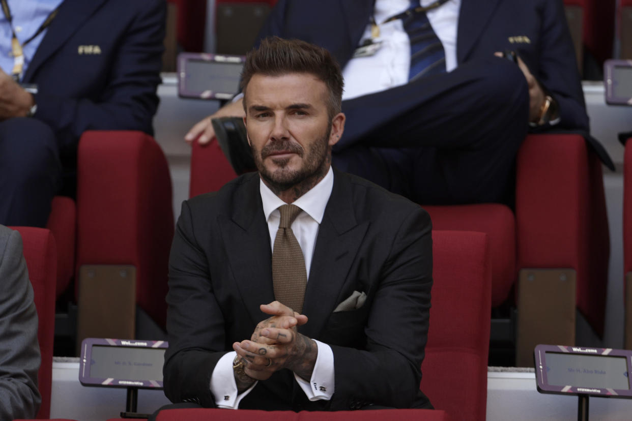 DOHA, QATAR - NOVEMBER 21:  David Beckham attends the FIFA World Cup Qatar 2022 Group B match between England and IR Iran at Khalifa International Stadium on November 21, 2022 in Doha, Qatar. (Photo by Richard Sellers/Getty Images)