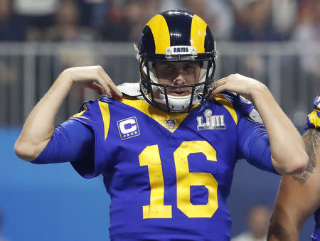 FILE PHOTO: NFL Football - Super Bowl LIII - New England Patriots v Los Angeles Rams - Mercedes-Benz Stadium, Atlanta, Georgia, U.S. - February 3, 2019. Los Angeles Rams' Jared Goff looks on during the match. REUTERS/Kevin Lamarque