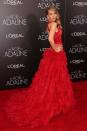 <br>In a dramatic red Monique Lhuillier gown at <i>The Age of Adaline</i> New York premiere.