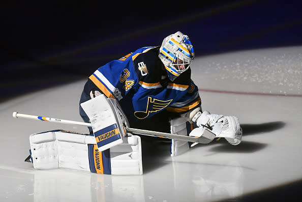 ST. LOUIS, MO - JANUARY 05: St. Louis Blues goalie Jake Allen (34) warms up before a NHL game between the Carolina Hurricanes and the St. Louis Blues on January 05, 2017, at Scottrade Center in St. Louis, MO. Carolina won, 4-2. (Photo by Keith Gillett/Icon Sportswire via Getty Images)