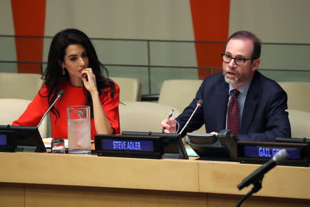 Reuters Editor-in-Chief Stephen Adler and attorney Amal Clooney participate in the Press Behind Bars: Undermining Justice and Democracy event during the 73rd session of the United Nations General Assembly at U.N. headquarters in New York, U.S., September 28, 2018. REUTERS/Shannon Stapleton