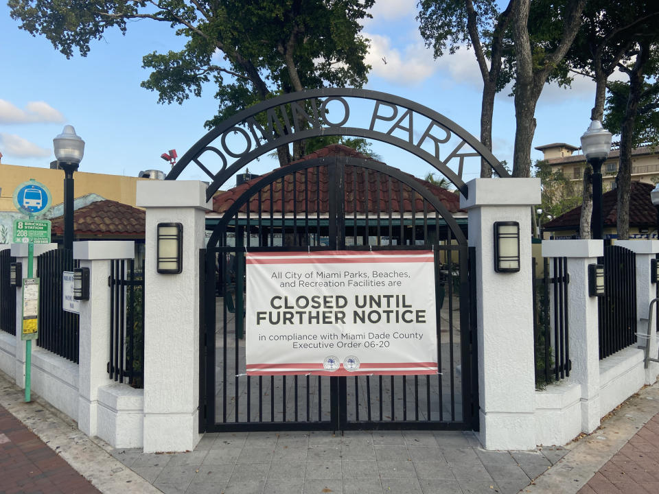 Little Havana's landmark Domino Park - otherwise known as Maximo Gomez Park - shuttered its doors due to the coronavirus pandemic. (Julia Logue / NBC News)