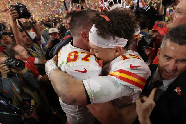 <p>Christian Petersen/Getty </p> Travis Kelce and Patrick Mahomes