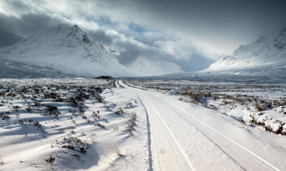 The road to Glen Etive in Scotland after snowfall earlier in February.