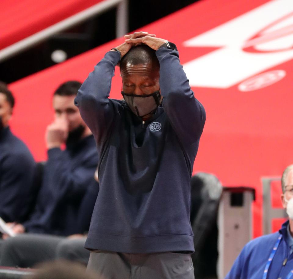 Detroit Pistons head coach Dwane Casey on the bench during action against the Dallas Mavericks on Thursday, April 29, 2021 at Little Caesars Arena in Detroit.