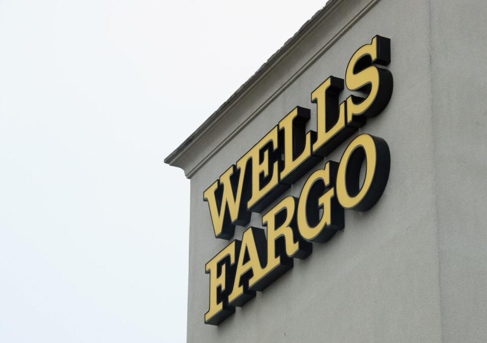 A general view of the Wells Fargo sign as photographed on March 20, 2020 in Carle Place, New York. (Photo by Bruce Bennett/Getty Images)