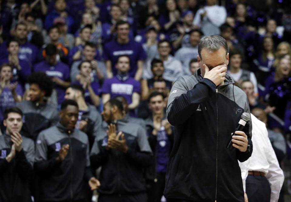 Northwestern coach Chris Collins wipes his eyes during the team's watch party for the NCAA men's basketball tournament selection show, Sunday, March 12, 2017, in Evanston, Ill. Northwestern, in its first appearance in the tournament, will play Vanderbilt. (AP Photo/Nam Y. Huh)