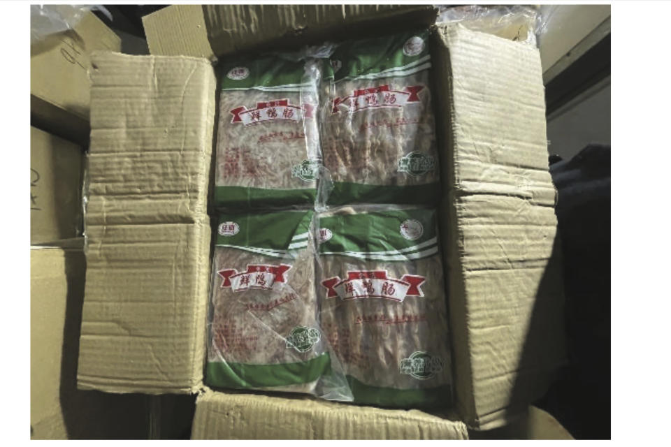 This November 2022 photo provided by the United States Attorney's office, shows packaged duck and goose intestines that were found in New York in an illegal shipment from China. Six people were arrested in New York on Tuesday, March 5, 2024 on charges of illegally importing goose and duck intestines from China, in some cases by hiding them under packaged rattlesnakes or mislabeling them as pet grooming products on customs forms, federal officials announced.(US Attorney's Office, EDNY via AP)