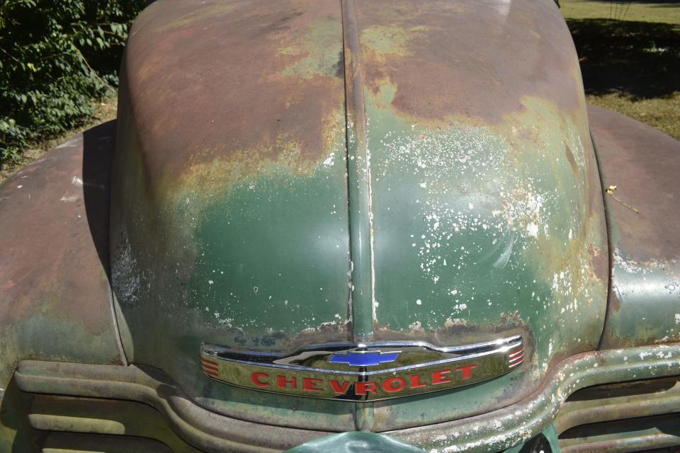 The hood on a 1949 Chevrolet pickup truck