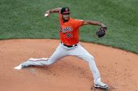 Baltimore Orioles' Denyi Reyes pitches during the first inning of the second game of a baseball doubleheader against the Boston Red Sox, Saturday, May 28, 2022, in Boston. (AP Photo/Michael Dwyer)