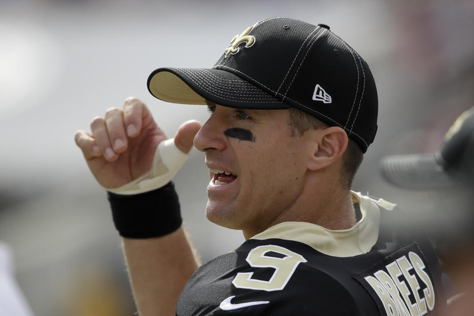 New Orleans Saints quarterback Drew Brees watches from the sidelines after getting hurt during the first half of an NFL football game against the Los Angeles Rams Sunday, Sept. 15, 2019, in Los Angeles. (AP Photo/Marcio Jose Sanchez)