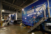 The NBC Sports trailer for the network's "Sunday Night Football" broadcast is viewed before an NFL football game between the Los Angeles Chargers and the Miami Dolphins on Dec. 11, 2022, in Inglewood, Calif. “Sunday Night Football” is on pace to be prime time's top show for the 12th consecutive year. (AP Photo/Jae C. Hong)