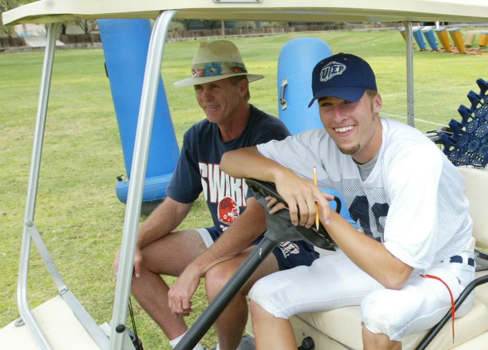 Apr 10, 2004: UTEP Director of Football Operations Nate Poss watched two-a-days in Socorro seated next to punter Bryce Benekos.