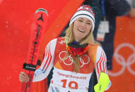 <p>Silver medalist, Mikaela Shiffrin of the United States celebrates on the podium during the Ladies’ Alpine Combined on day thirteen of the PyeongChang 2018 Winter Olympic Games at Yongpyong Alpine Centre on February 22, 2018 in Pyeongchang-gun, South Korea. (Photo by Andreas Rentz/Getty Images) </p>