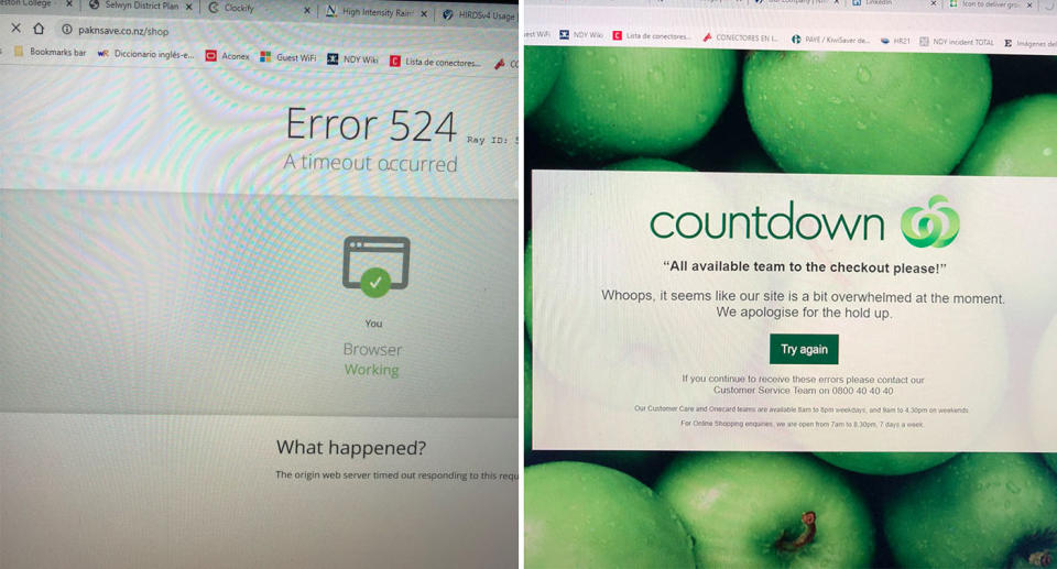 Screenshots of the websites of Pak'nSave and Countdown, showing they have crashed as too many people try to log on to order groceries ahead of Auckland's lockdown.