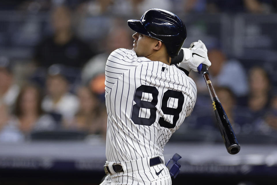 New York Yankees' Jasson Dominguez hits a home run against the Detroit Tigers during the fourth inning of a baseball game Wednesday, Sept. 6, 2023, in New York. The Yankees won 4-3. (AP Photo/Adam Hunger)