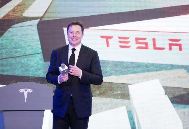 SHANGHAI, Jan. 7, 2020-- Tesla CEO Elon Musk attends an opening ceremony for Tesla China-made Model Y program in Shanghai, east China, Jan. 7, 2020.   U.S. electric carmaker Tesla officially launched its China-made Model Y program in its Shanghai gigafactory Tuesday, one year after the company broke ground on its first overseas plant. The first batch of China-produced Model 3 sedans was also delivered to its non-employee customers at an opening ceremony for the program. (Photo by Ding Ting/Xinhua via Getty) (Xinhua/Ding Ting via Getty Images)