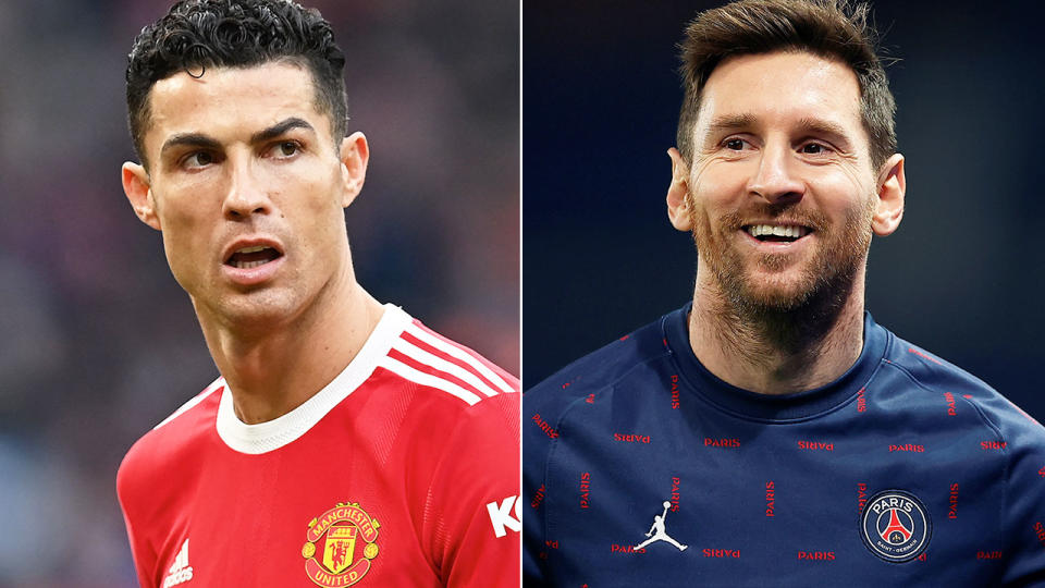 Pictured left is Cristiano Ronaldo alongside a photo of Lionel Messi.