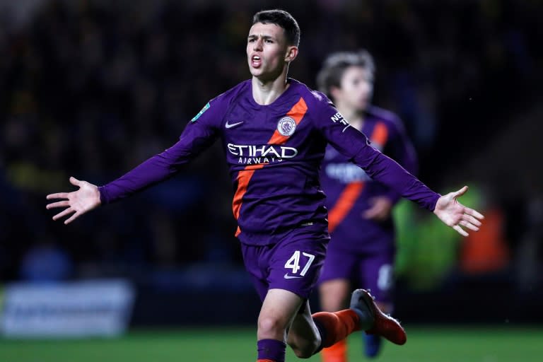 Phil Foden celebrates scoring his first senior goal for Manchester City