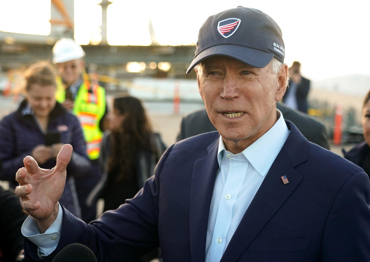 LONG BEACH, CA - JANUARY 09: Former Vice President Joe Biden gives some remarks during a tour of the Gerald Desmond replacement bridge project in Long Beach on Thursday, Jan. 9, 2020. (Photo by Scott Varley/MediaNews Group/Torrance Daily Breeze via Getty Images)