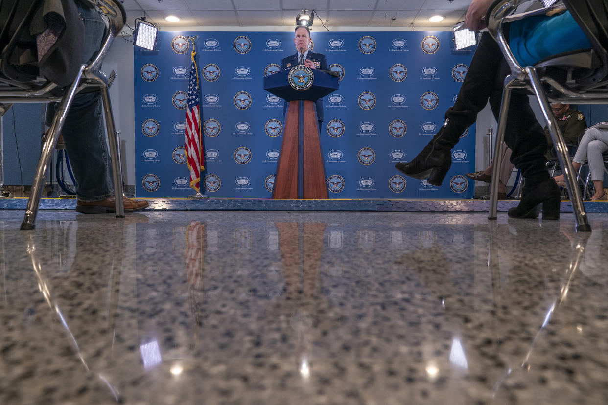 Pentagon spokesman U.S. Air Force Brig. Gen. Patrick Ryder speaks during a media briefing at the Pentagon, Friday, March 24, 2023, in Washington. (AP Photo/Alex Brandon)