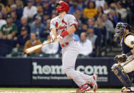 St. Louis Cardinals' Paul Goldschmidt watches his two-run home run during the seventh inning of a baseball game against the Milwaukee Brewers, Thursday, Sept. 23, 2021, in Milwaukee. (AP Photo/Jeffrey Phelps)