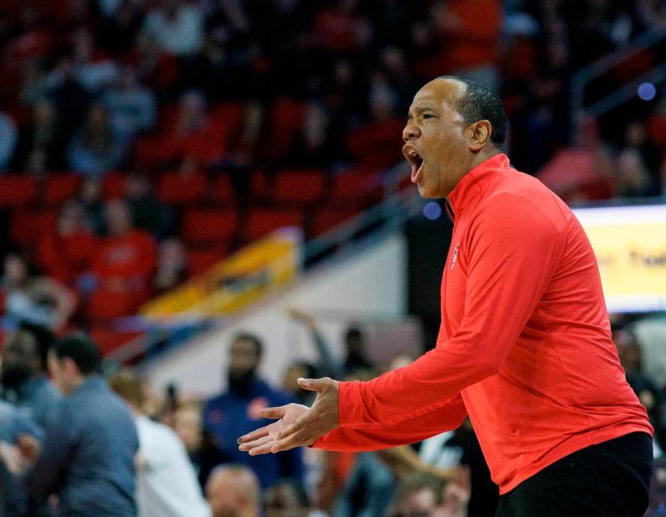 N.C. State head coach Kevin Keatts reacts during the closing seconds of the Wolfpack’s 87-83 loss to Syracuse on Tuesday, Feb. 20, 2024, at PNC Arena in Raleigh, N.C.