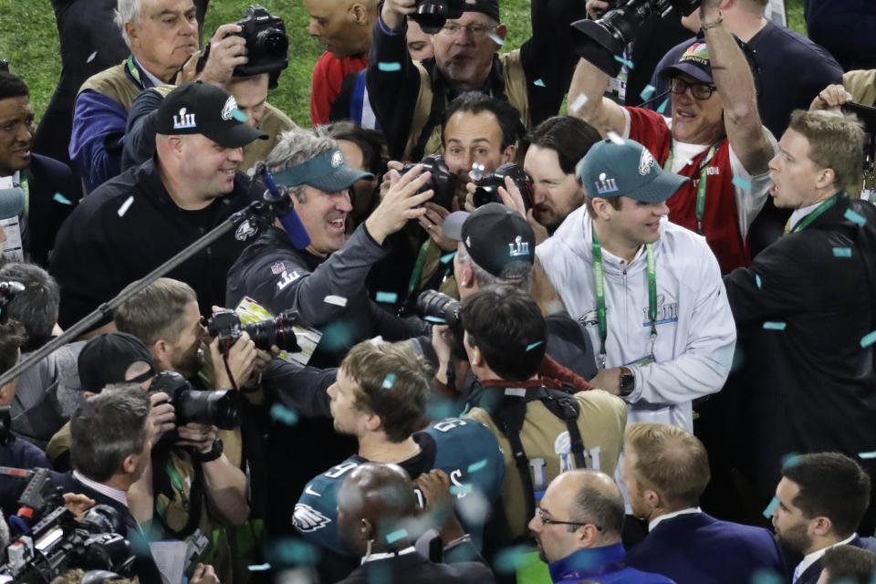 <p>Philadelphia Eagles head coach Doug Pederson celebrates after the NFL Super Bowl 52 football game against the New England Patriots Sunday, Feb. 4, 2018, in Minneapolis. The Eagles won 41-33. (AP Photo/Eric Gay) </p>