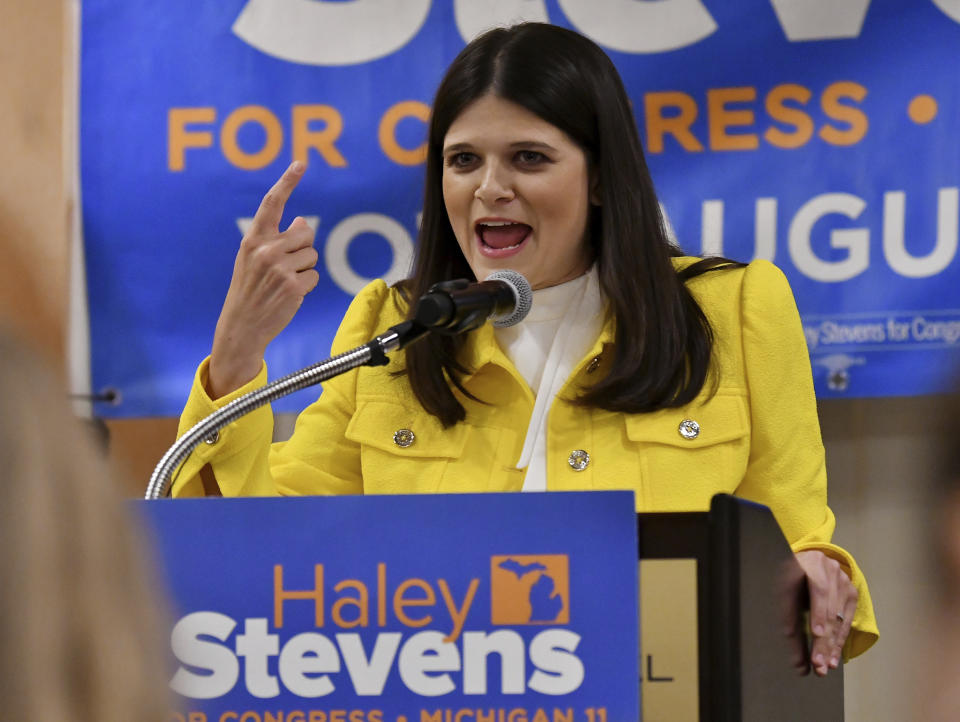 U.S. Rep. Haley Stevens speaks at her election event at The Townsend Hotel in Birmingham, Mich., Tuesday, Aug. 2, 2022. (Robin Buckson/Detroit News via AP)
