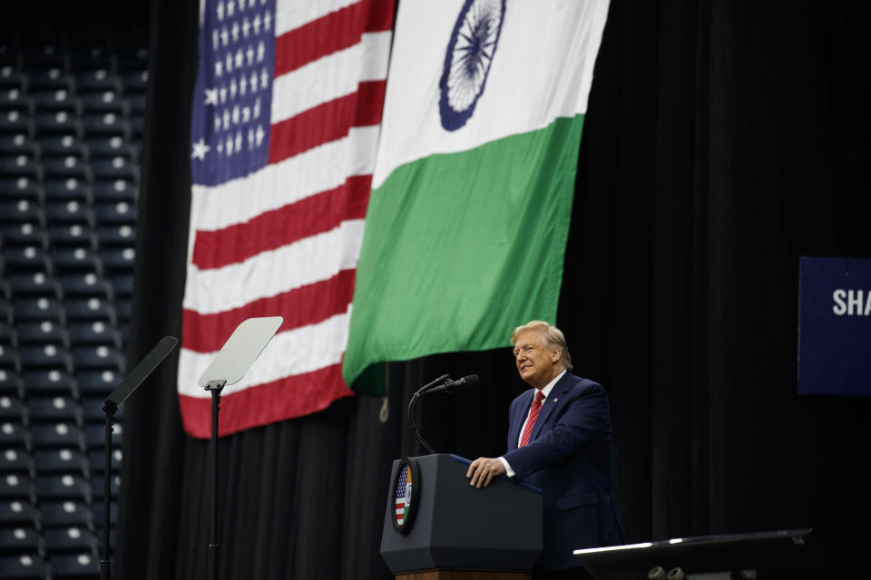 President Donald Trump speaks during the "Howdy Modi: Shared Dreams, Bright Futures" event with Indian Prime Minister Narendra Modi at NRG Stadium, Sunday, Sept. 22, 2019, in Houston. (AP Photo/Evan Vucci)