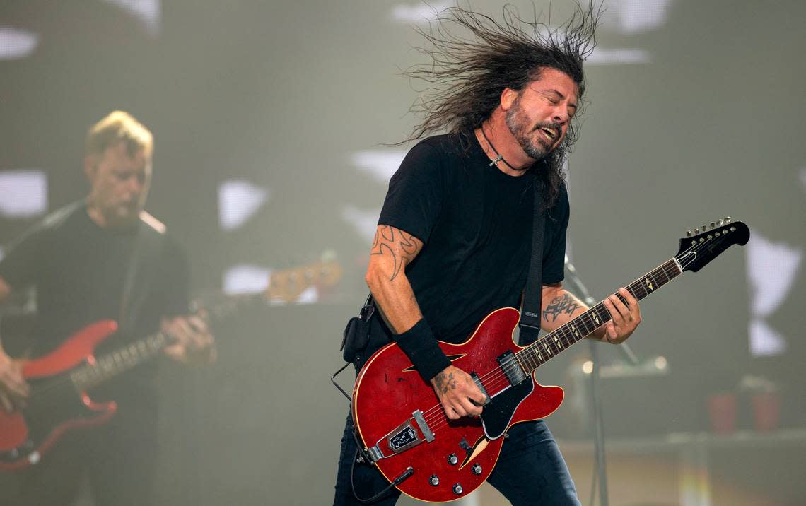 Dave Grohl and Foo Fighters in concert at Raleigh, N.C.’s Coastal Credit Union Music Park at Walnut Creek, Tuesday night, May 7, 2024. Scott Sharpe/ssharpe@newsobserver.com