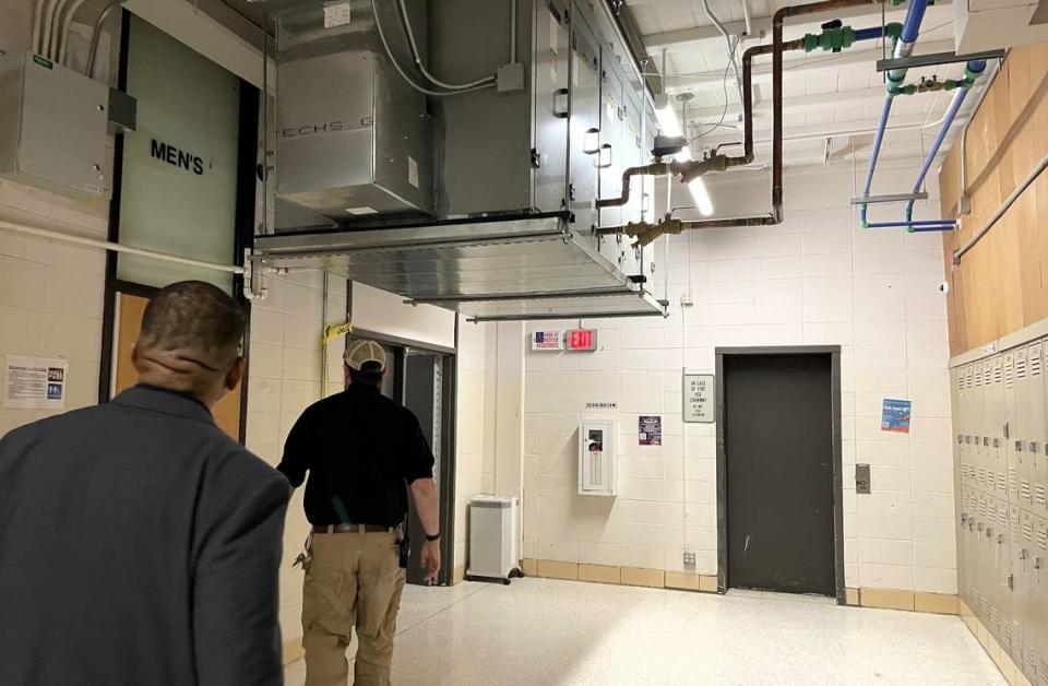 These exposed mechanical systems and pipes at Orange High School can be found in buildings across both the Chapel Hill-Carrboro and Orange County school districts. In modern schools, those systems are placed behind the walls.