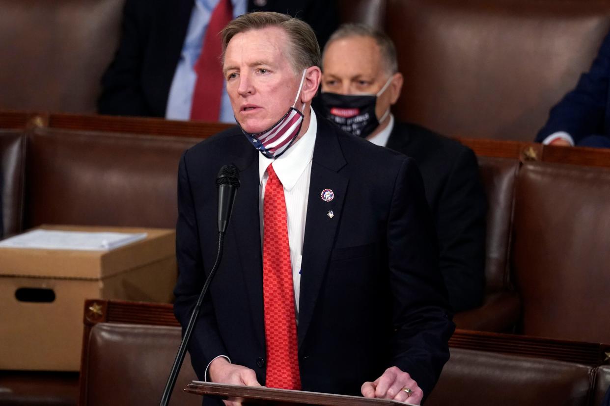 Rep. Paul Gosar (R-Ariz.) objects to certifying Arizona's Electoral College votes on Jan. 6.  (Photo: AP Photo/Andrew Harnik)