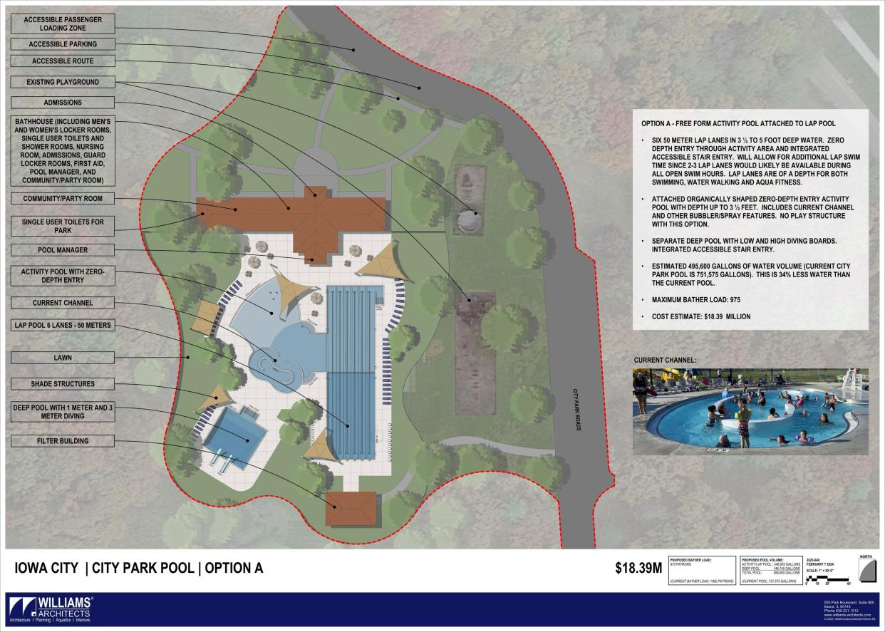 The proposed City Park Pool design concept A was selected by the Iowa City City Council to replace the quickly-aging 75-year-old pool. This design concept is not final and certain amenities may be added or removed subject to relatively strict budgetary constraints.